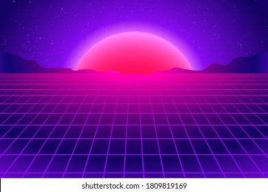 Abstract bright retro futuristic blue pink purple background landscape. 80s event party, retro Sci-Fi background. Sun, mountains and light perspective grid. EPS10.