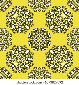Abstract bright seamless backdrop. Design for prints, textile, decor, fabric. Round colorful texture in yellow and white colors. Mandala background
