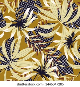 Abstract bright seamless background with colorful tropical leaves and flowers on orange background. Vector design. Jungle print. Floral background. Printing and textiles. Exotic tropics. Fresh design.