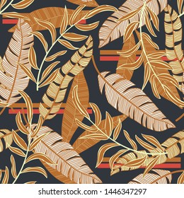 Abstract bright seamless background with colorful tropical leaves and flowers on dark background. Vector design. Jungle print. Floral background. Printing and textiles. Exotic tropics. Fresh design.