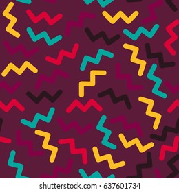 Abstract bright seamless geometric patterns with zigzags in trendy style Memphis. Fashion of 80s, 90s. Vector illustration.