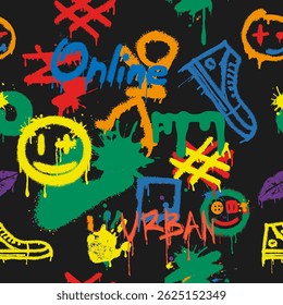 Abstractas patrón de graffiti brillante y sin fisuras. Diseño gráfico para textiles, ropa deportiva, estampados.