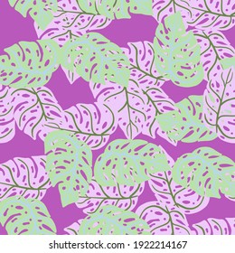 Abstract bright seamless pasttern with contoured monstera foliage shapes. Purple background. Doodle design. Stock illustration. Vector design for textile, fabric, giftwrap, wallpapers.