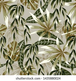 Abstract bright seamless pattern with colorful tropical leaves and plants on beige background. Vector design. Jungle print. Floral background. Printing and textiles. Exotic tropics. Summer design.