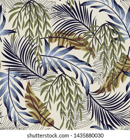 Abstract bright seamless pattern with colorful tropical leaves and plants on light background. Vector design. Jungle print. Floral background. Printing and textiles. Exotic tropics. Summer design.