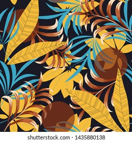 Abstract bright seamless pattern with colorful tropical leaves and plants on black background. Vector design. Jungle print. Floral background. Printing and textiles. Exotic tropics. Summer design.