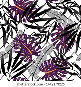 Abstract bright seamless pattern with colorful tropical leaves and plants on white background. Vector design. Jungle print. Floral background. Printing and textiles. Exotic tropics. Fresh design.