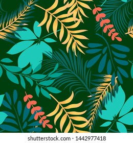 Abstract bright seamless pattern with colorful tropical leaves and plants on green background. Vector design. Jungle print. Floral background. Printing and textiles. Exotic tropics. Fresh design.