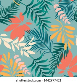Abstract bright seamless pattern with colorful tropical leaves and plants on grey background. Vector design. Jungle print. Floral background. Printing and textiles. Exotic tropics. Fresh design.