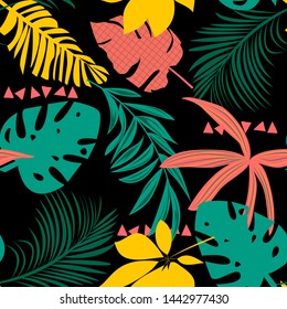Abstract bright seamless pattern with colorful tropical leaves and plants on black background. Vector design. Jungle print. Floral background. Printing and textiles. Exotic tropics. Fresh design.
