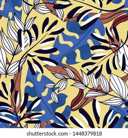 Abstract bright seamless pattern with colorful tropical leaves and plants on yellow background. Vector design. Jungle print. Floral background. Printing and textiles. Exotic tropics. Fresh design.