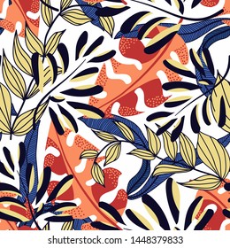 Abstract bright seamless pattern with colorful tropical leaves and plants on light background. Vector design. Jungle print. Floral background. Printing and textiles. Exotic tropics. Fresh design.