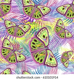 Abstract bright seamless pattern, colorful palm leaves and green butterflies, vector illustration, flat style, summer pattern for textile texture