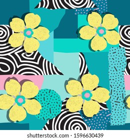 Abstract bright seamless pattern of geometric shapes with different Doodle textures-vector illustration. Yellow forget-me-nots flowers