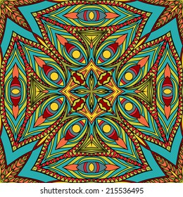 Abstract bright seamless pattern. Geometric elements on tribal fantasy ornament. Bright hot colors. Endless colorful ethnic background. Vector is EPS8, elements are grouped by colors.
