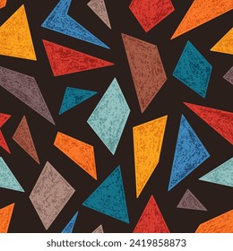 Abstract Bright Seamless Pattern of Hand-Drawn Colorful Geometric Figures on Dark Background. Style of Children's Drawing. Continuous Background with Asymmetric Shapes for Universal Application. 