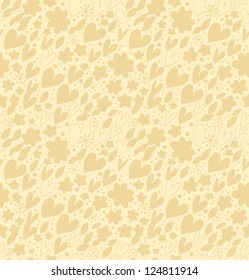 Abstract bright seamless pattern with many cute details. Decorative doodle background with hearts and flowers. Hand drawn damask texture for wallpapers, crafts, scrapbooking, textile