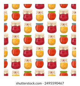Abstract bright seamless vector pattern of homemade jam jars. Vector pattern for backgrounds and decorations, wrapping paper, cards