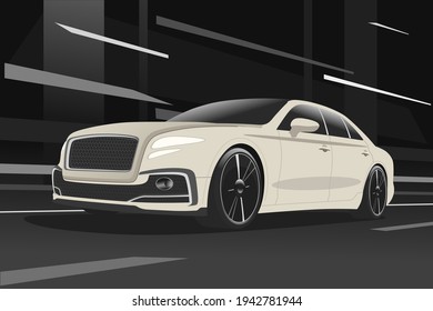 Abstract bright sedan car drives along the night street. vector illustration
