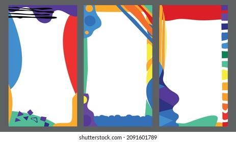 Abstract bright set. 16x9 frames. Rainbow colors doodle shapes. Multicolored Abstract frame set for social network, media, story, mobile apps, telephone, greeting card.