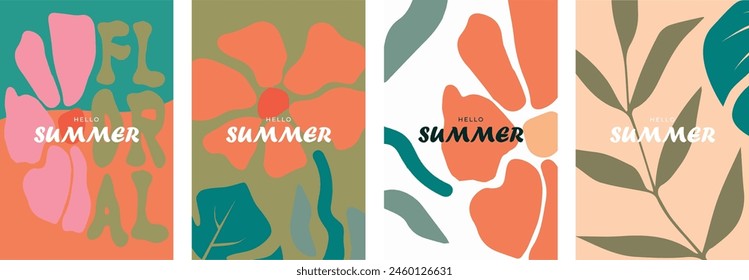 Abstract bright set cards hello summer tropical leaves and flowers minimalist style design templates banner poster flyers design elements vector illustration