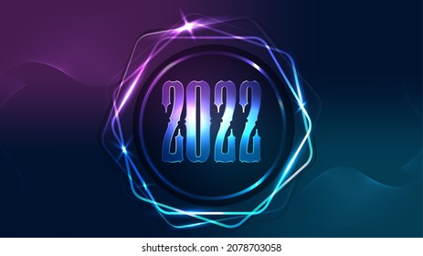 Abstract bright shining Postcard 2022 for Christmas and New Year. Dark purple abstract template for greeting cards. A bright luminous hexagonal frame against background of lines waves.