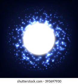 Abstract bright shining sphere. Vector light background. Circle shape with sparkles. 