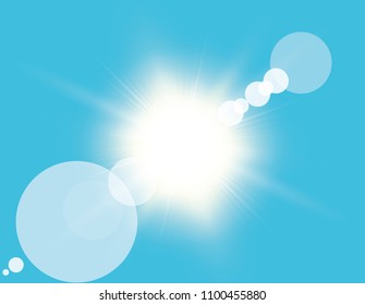 Abstract bright shining sun with lens flare in a blue sky. Vector illustration