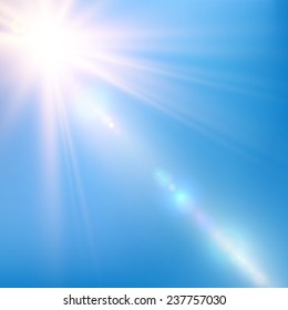 Abstract bright shining sun with lens flare in a blue sky. Vector illustration