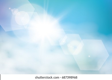 Abstract bright shining sun with lens flare in a blue sky. Vector illustration. Vector