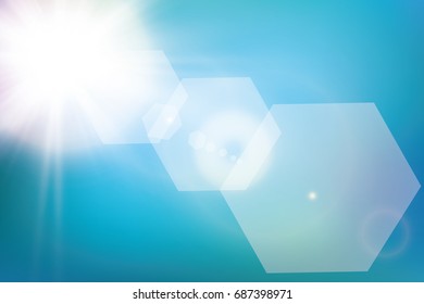 Abstract bright shining sun with lens flare in a blue sky. Vector illustration. Vector