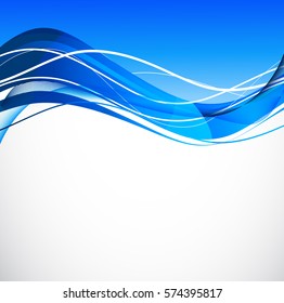Abstract bright soft design background with blue wavy curved lines in dynamic smooth style. Vector illustration
