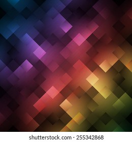 Abstract bright spectrum wallpaper. Vector illustration for modern disco design. Cool pattern background. Rainbow and black colors. Diamond and square shapes with lights and glows.