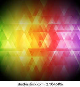 Abstract bright spectrum wallpaper. Vector illustration for modern disco design. Cool pattern background. Rainbow and black colors. Diamond and square shapes with lights and glows.
