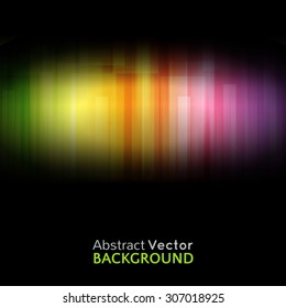 Abstract bright spectrum wallpaper. Vector illustration for modern disco design. Cool pattern background. Rainbow and black colors. Stripe shapes with lights and glows.