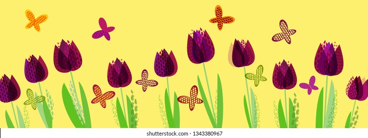 Abstract bright spring, floral pattern for graphic design. Delicate spring pattern with butterflies and tulip flowers. Vector illustration