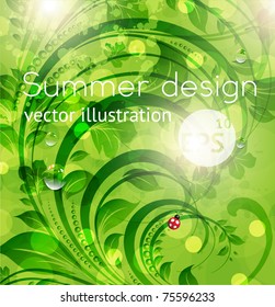 Abstract bright spring or summer floral background with flowers, ladybird and sun shine. eps 10.