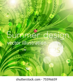 Abstract bright spring or summer floral background with flowers, ladybird and sun shine. eps 10.