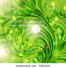 Abstract bright spring or summer vector floral background with flowers, ladybird and sun shine. eps 10.