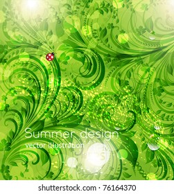 Abstract bright spring or summer vector floral background with flowers, ladybird and sun shine. eps 10.