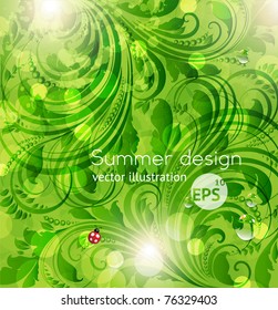 Abstract bright spring or summer vector floral background with flowers, ladybird and sun shine. eps 10.