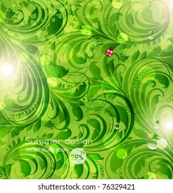 Abstract bright spring or summer vector floral background with flowers, ladybird and sun shine. eps 10.