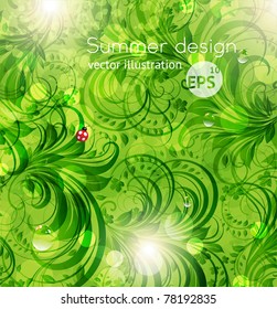 Abstract bright spring or summer vector floral background with flowers, ladybird and sun shine. eps 10.