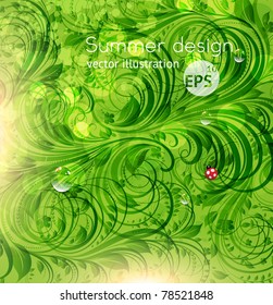 Abstract bright spring or summer vector floral flower background with flowers, ladybird and sun shine. eps 10.