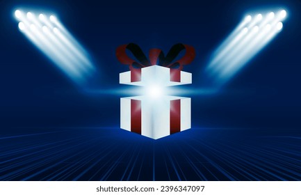 Abstract Bright stadium lights open gift box with merry christmas bright rays of light and blue mystery box with lighting glitter on dark background.