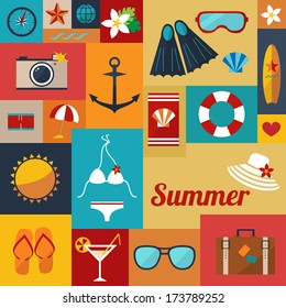 abstract bright summer background with flat icons vector