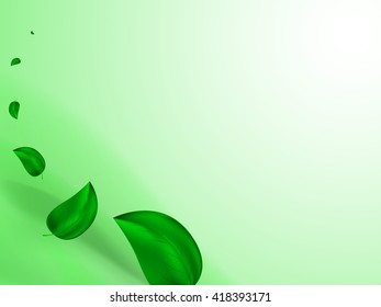 Abstract bright summer background with green leaves flying in the wind, vector illustration