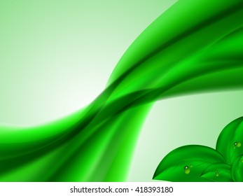 Abstract bright summer background with green connecting lines and green leaves in the bottom corner, vector illustration