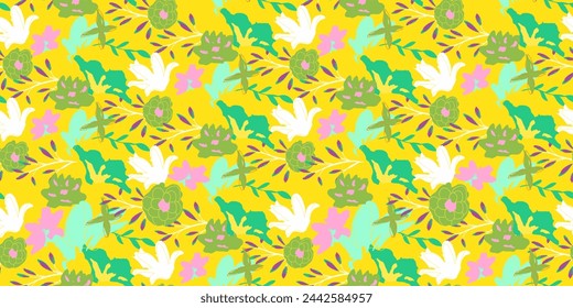 Abstract bright summer pattern with flowers. Summer floral seamless background. Plant background for swimsuit, dresses, wallpapers. A lot of different flowers on the field.