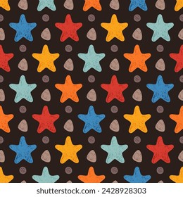 Abstract Bright Summer Seamless Pattern of Hand-Drawn Colorful Stars on Dark Background. Style of Children's Drawing. Continuous Background with Stars for Packaging, Pack Paper, Wrapping Paper.